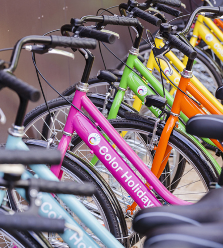 Biciclette colorate allineate, pronte per il noleggio, con marchio 'Color Holiday'.