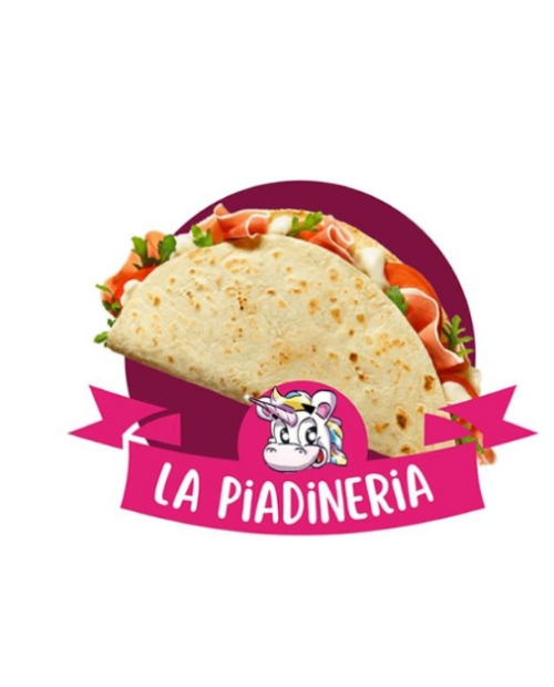 Logo di La Piadineria con piadina farcita e unicorno colorato.